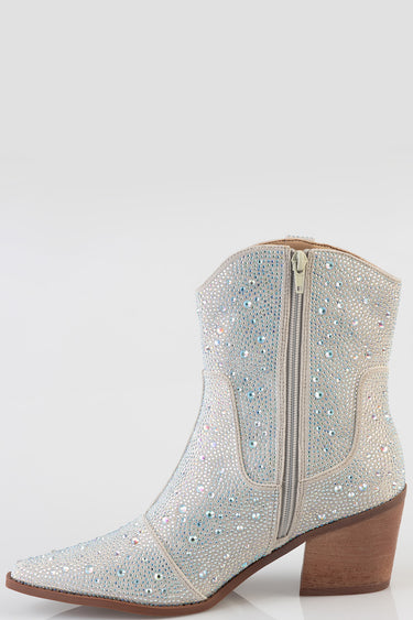 silver rhinestone western boot with a brown stacked heel and side zipper