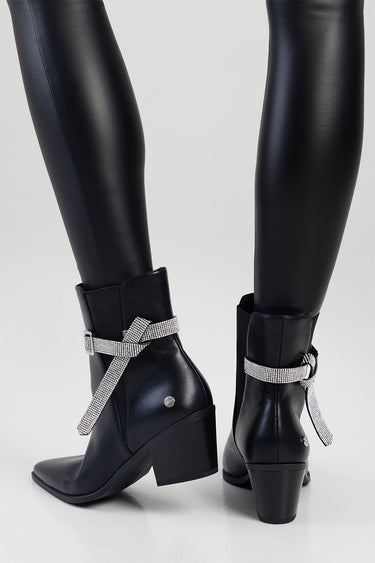 black leather ankle boots with a chunky heel and crystal strap accents around the ankle by Blue Jean Traders