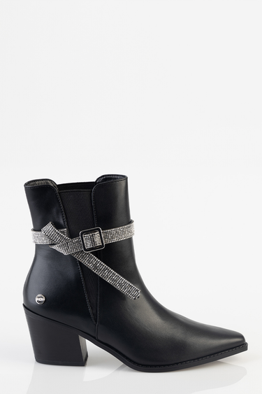 black leather ankle boot with a silver rhinestone wraparound strap and square buckle