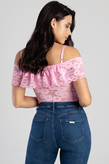 pink lace off the shoulder bodysuit with a ruffled neckline and adjustable straps, back view with blue jeans