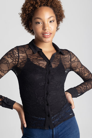 woman wearing a black lace long sleeve blouse with a collar and button placket by Blue Jean Traders