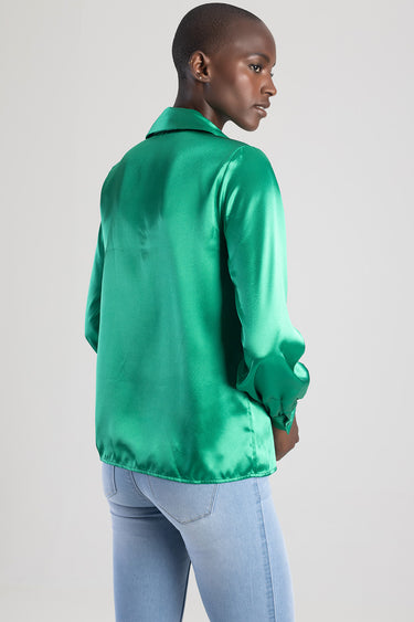 green satin blouse with a collar and long sleeves, back view on a model wearing light blue jeans, Blue Jean Traders