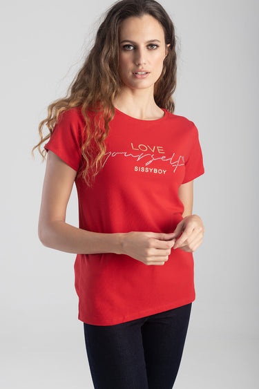 woman wearing red short sleeve t shirt with white scripted text across chest