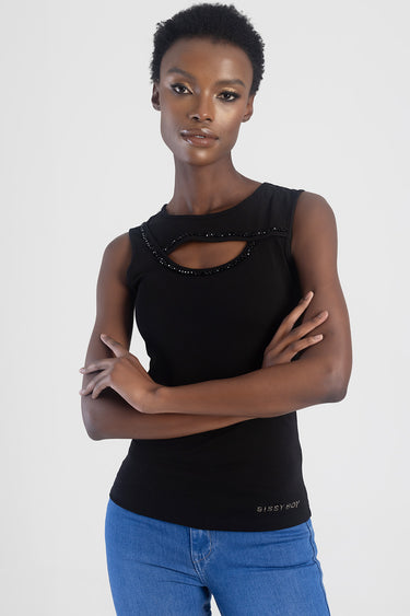 model wearing a black sleeveless vest with a beaded curved cutout neckline and blue jeans