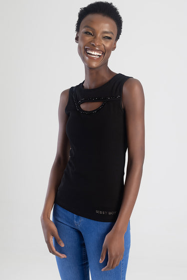 smiling woman wearing a black sleeveless top with beaded curved neckline detail and a small logo at the hem, paired with