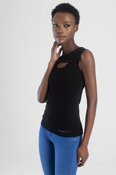 model wearing a black sleeveless top with a beaded oval neckline and blue jeans