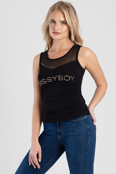 woman wearing black sleeveless top with sheer mesh yoke and crystal lettering paired with blue jeans