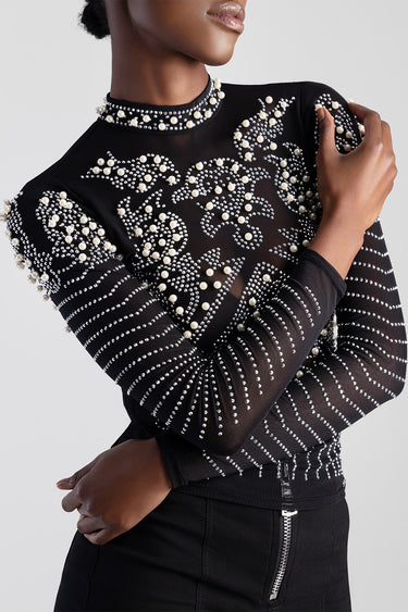 black sheer long sleeve bodice top adorned with pearls and crystals at the neck shoulders and sleeves