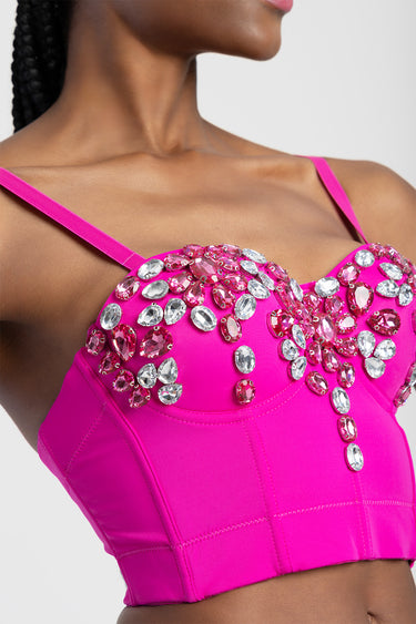pink crop top with silver and pink crystal embellishments along the neckline and straps