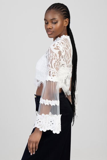side profile of a model wearing a white lace blouse with sheer sleeves and floral trim