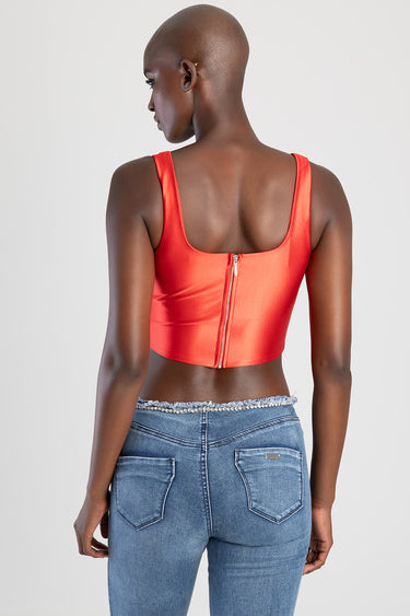 blue jean traders coral satin corset top back view with zipper, paired with light blue jeans