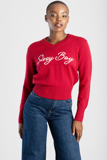 red knit sweater with a white cursive logo across the chest, v neck, ribbed cuffs and hem, worn with blue jeans