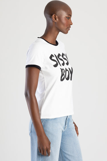 white short sleeve top with black trim at neck and sleeve edges, bold black graphic reading siss boy.