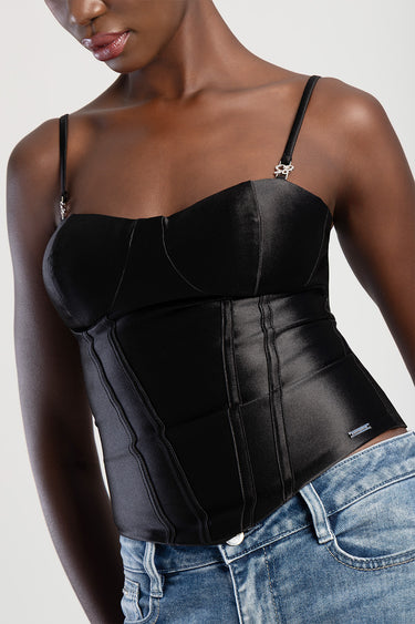 black satin corset top with boning and thin straps by Blue Jean Traders, paired with blue jeans