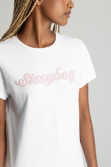 white short sleeve crew neck t shirt with pink sequin script across chest