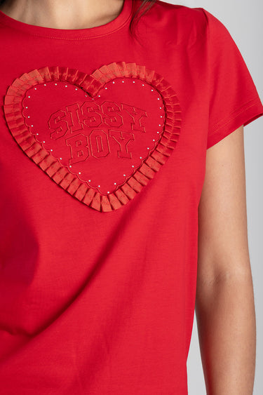 red short sleeve t shirt with a large heart appliqué edged with pleated trim and small studs
