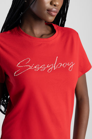 red short sleeve t shirt with a sparkly rhinestone cursive logo across the chest