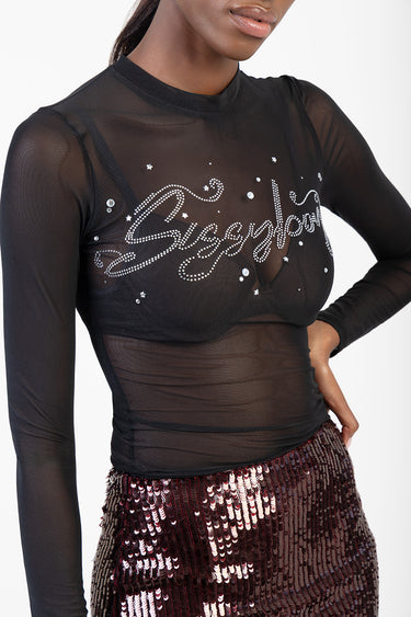 black sheer long sleeve top with rhinestone script across the chest and scattered gems, paired with a burgundy sequin skirt