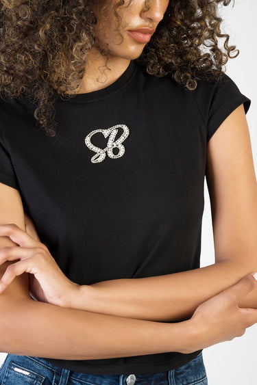 black short sleeve t shirt with a rhinestone SB emblem on the chest