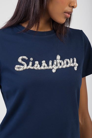 navy short sleeve t shirt with a sparkling rhinestone cursive logo across the chest