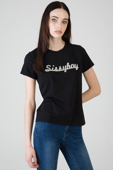 woman model wearing black short sleeve t shirt with silver sequined script, blue jeans