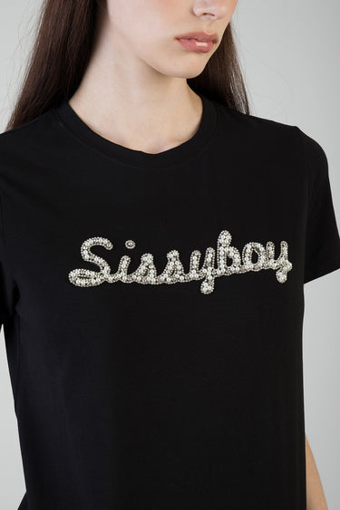 black short sleeve t-shirt with a sparkling silver rhinestone script graphic across the chest