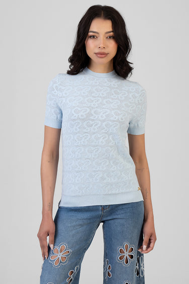light blue knit top with an allover lace pattern and short sleeves on a model, ribbed crew neck and hem, paired with denim