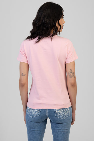 pink short sleeve t shirt by Blue Jean Traders, back view with plain fabric and relaxed fit on denim jeans