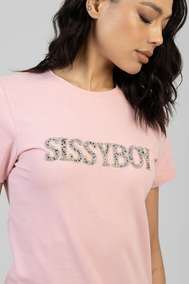 pink short sleeve crew neck t shirt with rhinestone letters spelling SISSYBOY across chest