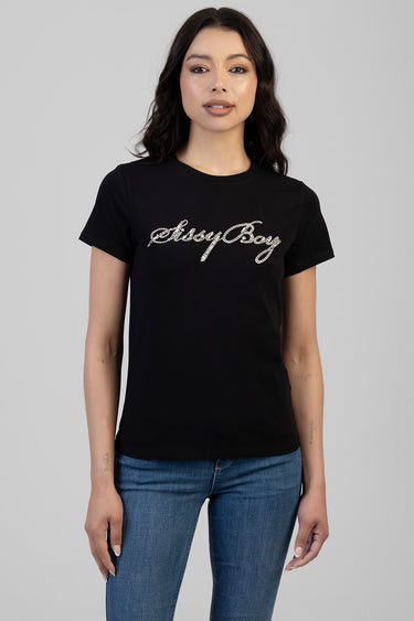 woman wearing black short sleeve crew neck t shirt with rhinestone script across chest