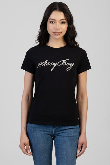 woman in black short sleeve t-shirt with sparkling script across chest