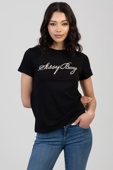 woman in a black short sleeve t shirt with rhinestone script across the chest and a side knot, paired with blue denim jeans