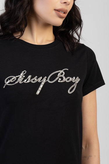 black short sleeve t shirt with a silver rhinestone cursive logo across the chest