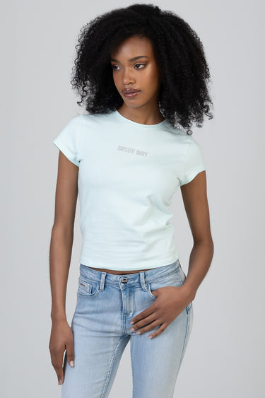 woman wearing light mint short sleeve t shirt with small logo on the chest by Blue Jean Traders