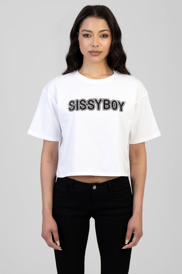 woman in white cropped boxy t shirt with black embellished text across chest, paired with black jeans