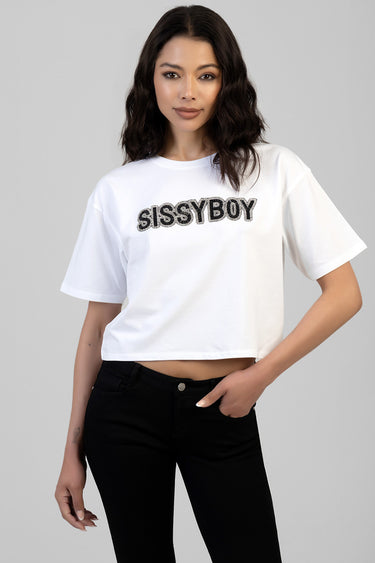 white boxy cropped t shirt with short sleeves and a black sequined logo reading sissyboy