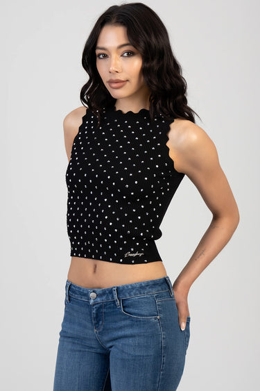 blue jean traders black knit sleeveless top with a scalloped high neckline and scattered rhinestones, cropped length