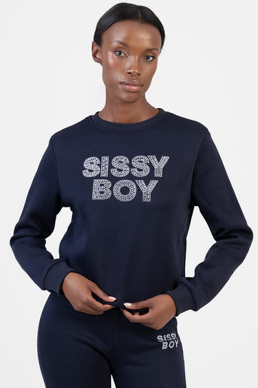 navy blue sweatshirt with rhinestone lettering reading sissy boy and matching navy joggers with small rhinestone text on