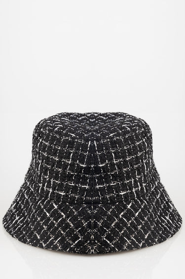 black and white woven bucket hat with a textured tweed pattern by Blue Jean Traders
