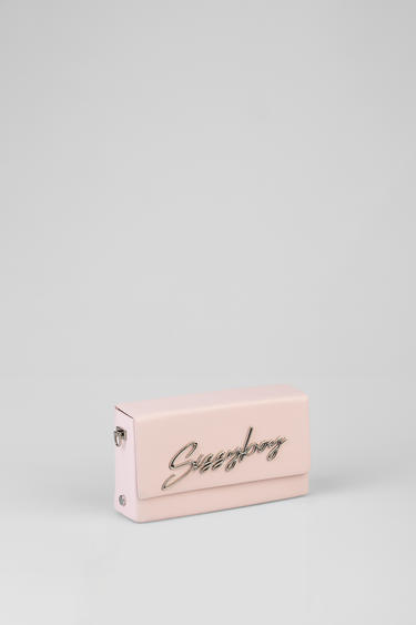 pink rectangular clutch bag with a silver cursive logo on the front and metal side hardware