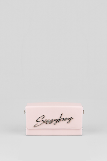 pink handbag with a large silver script logo on the front and a flap closure