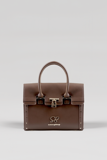 brown structured handbag with two top handles and gold hardware lock by Blue Jean Traders