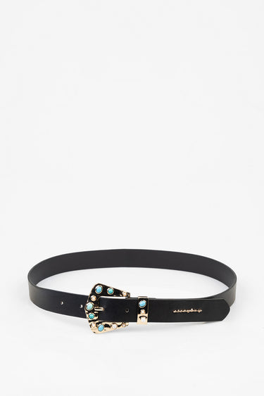 black leather belt with a gold buckle adorned with turquoise stones and a small script logo on the strap