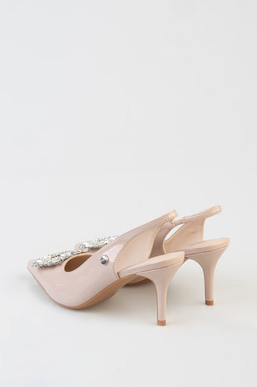 light pink slingback heeled sandals with crystal floral embellishment on toe