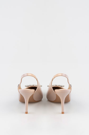 pink slingback heels with rhinestone strap, back view