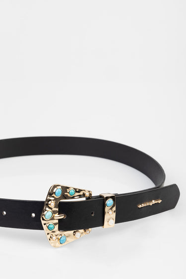 black leather belt with a gold buckle adorned with turquoise stones and pearls