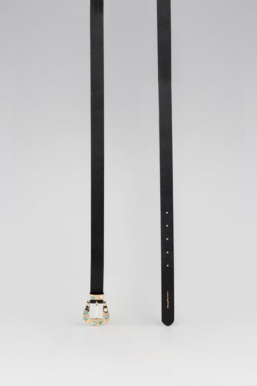 black leather belt with ornate gold buckle adorned with turquoise stones, vertical display