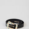 black leather belt with a gold buckle adorned with turquoise stones and small pearls