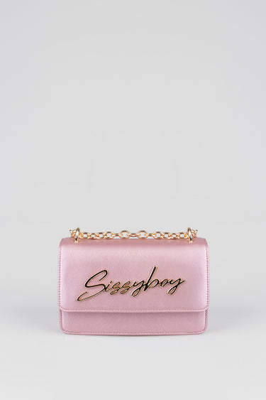 pink bag with a gold chain handle and a scripted logo on the front