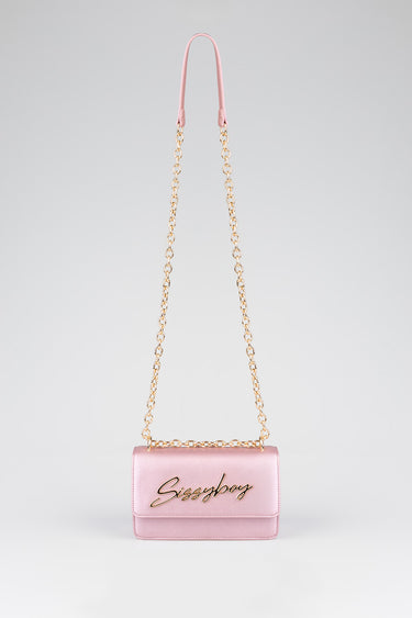 pink mini bag with a gold chain strap and pink leather top band, featuring a cursive logo on the front